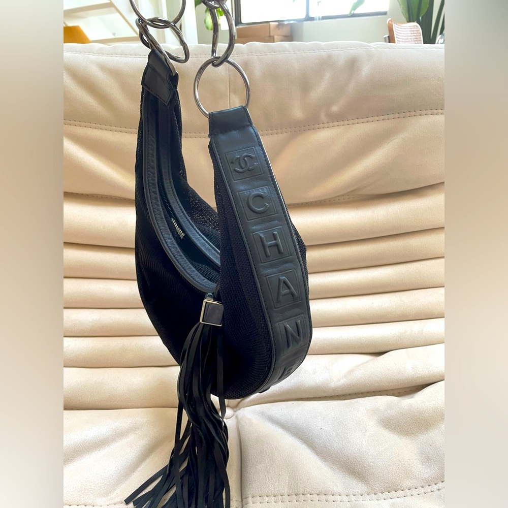 Chanel black vintage mesh and leather tassel hobo bag